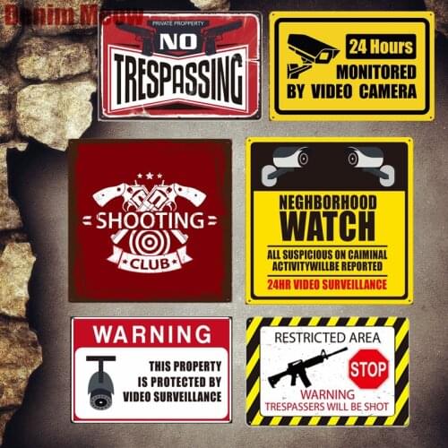 Shooting Club Plaque Vintage Metal Tin Signs Bar Home Pub Shop Decorative Plates 24 HR Video Surveillance Wall Stickers MN52
