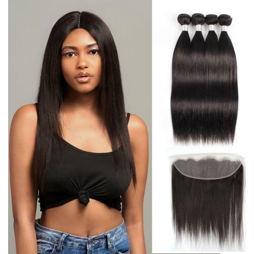MOGUL HAIR Bundles with 4x13 Lace Frontal 12-26 inch Natural Color Long Straight Style Remy Human Hair Weave