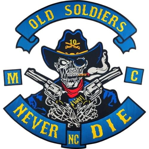 Ironing Patches Old Soldiers Never Die MC Vest Biker Embroidered Iron On Back of Jacket Patch Blue twill fabric DIY Eco-Friendly