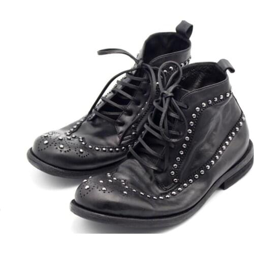 New winter retro men ankle boots rivet black genuine leather work boot lace up men shoes derby shoes formal fashion mens boots