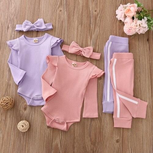 0-18M Autumn Newborn Baby Girls Ribbed Outfits Toddler Long Sleeves Ruffle Knitting Romper+ Pants Headband 3pcs Clothes Set