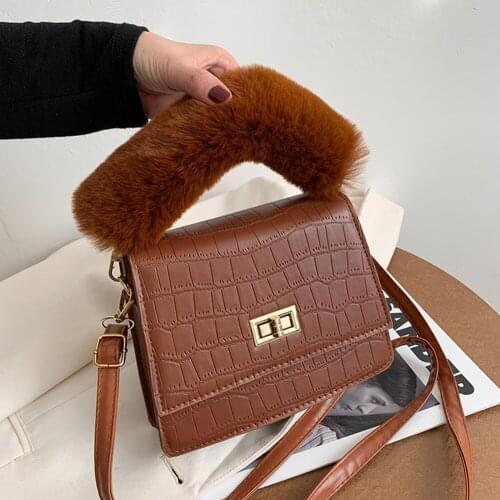 Plush Handle Solid Shoulder Handbag Trunks Women Stone Pattern PU Crossbody Bag Fashion Exquisite Shopping Bag
