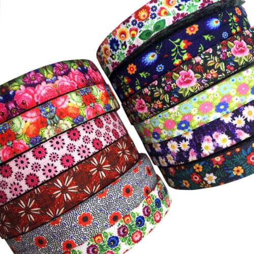 Hot Sale Colorful Flowers Print Fold Over Elastic 16mm chrysanthemum FOE Ribbon 10 Yards for Hair Tie Hair Accessories