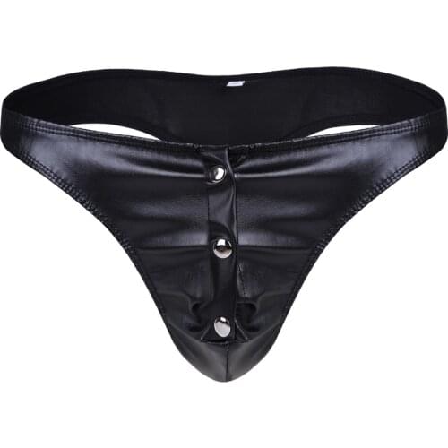 Men Lingerie Faux Leather Briefs Bikini Underwear Underpants Buttons Crotch Panties mens jockstraps Sexy Gay Male Latex Panties