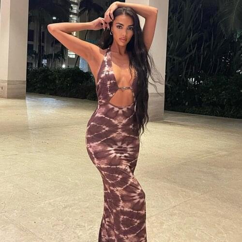 Puloru Y2K Vintage 90s Tie Dyed Halter Bodycon Midi Dress Summer Sexy Backless Deep V Cutout Wrap Dress Womens Party Vestidos