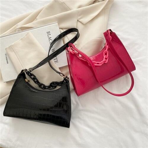 Vintage PU Leather Underarm Bags for Women Crocodile Pattern Ladies Shoulder Bags Acrylic Chain Female Casual Tote Pouch Handbag