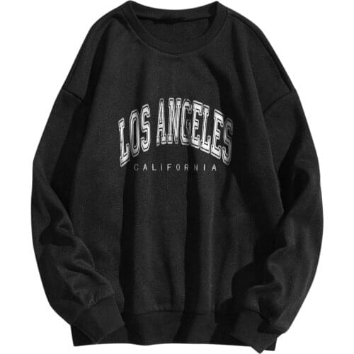 Womens Fashion Los Angeles Letter Print Hoodies Autumn Cotton O Neck Long-sleeve Hooded Sweatshirt Tops Pullover Streetwear