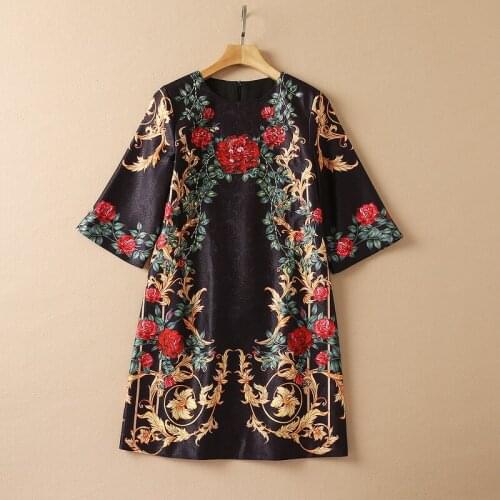 European and American womens wear new autumn 2022 5 minutes of sleeve Nail bead Vintage jacquard prints Fashion dress