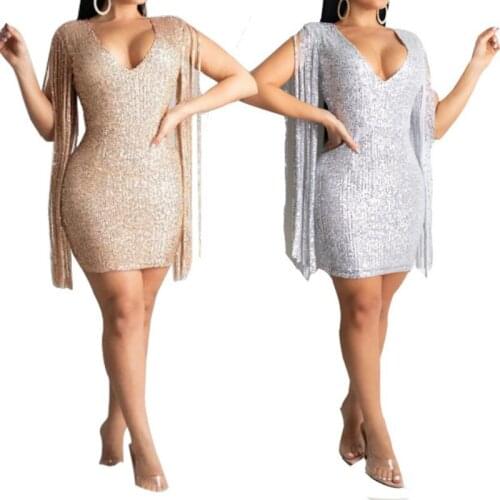 Sexy V Neck Sequin Tassels Dress Women Sleeveless High Waist Short Autumn Dress Party Night Club Bodycon Package Hip Dress