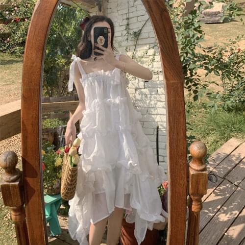 Bella 2021 Summer White Strap Fairy Dress Women Elegant Cute Princess Midi Dress Female Bow Bandage Casual Holiday Kawaii Dress