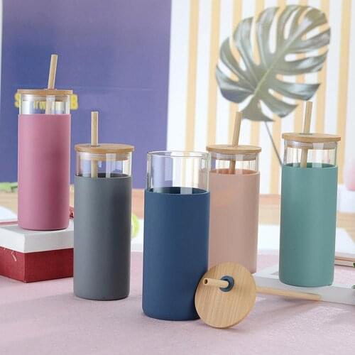 Newest 1pcs 20oz Single-Wall Tumbler Protective Sleeve Wood Lid Glass Cup Bottle with Straw Outdoor Tea Juice Cup
