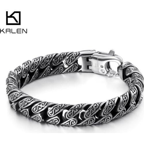 12mm Punk Link Chain Bracelet Men Stainless Steel Mysterious Symbol Charm Pulseira Masculina Armband Jewelry