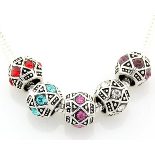 20pcs /Lot Vintage Silver Color Mix Rhinestone Big Hole Beads Fit Charm Bracelet Jewelry DIY EE48