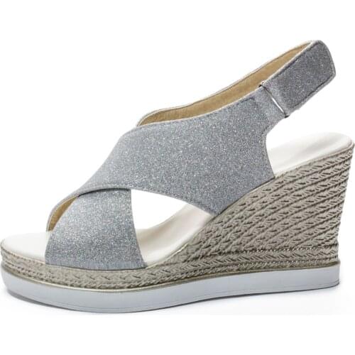 2021 Women Wedge Sandals Summer Hook and loop fasteners Peep Toe Gold Sliver Bohemia Casual Womens Shoes Ladies Casual Shoes