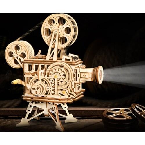 Hand Crank Diy 3D Film Projector Wooden Model Building Kit Assembly Vitascope Toy Gift for Children Adult