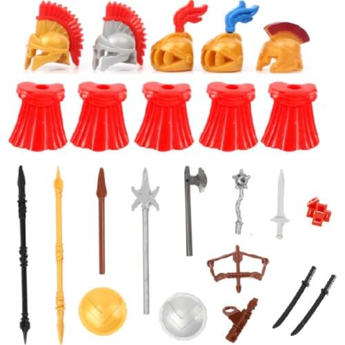 20PCS Medieval Weapon Accessories Arrow Armor Knight Rome Axe Bow Sword Spear Hammer Viking Roman Helmet Building Blocks Toy Kid