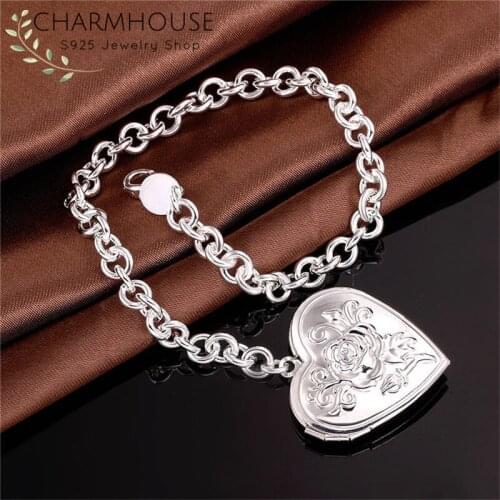 Charmhouse Silver Bracelets For Women Vintage Heart Locket Charm Bracelet Wristband Pulseira Wedding Bridal Jewelry Wholesale