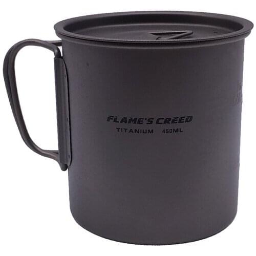 FLAMES CREED Cup 450ml Titanium Cup Outdoor Water Cup Portable Camping Tableware Picnic Water Cup Mug with Lid Foldable Handle