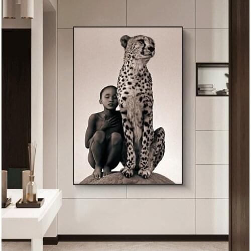 Child With Cheetah Canvas Paintings Wall Art Posters And Prints Nature Animals Wall Canvas Pictures For Living Room Cuadros