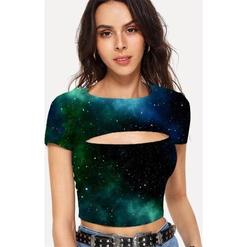 Somepet Galaxy T-shirt Women Space Hollow Out T shirts Universe Tshirt Printed Nebula Navel Bare Womens Clothing Hip Hop New