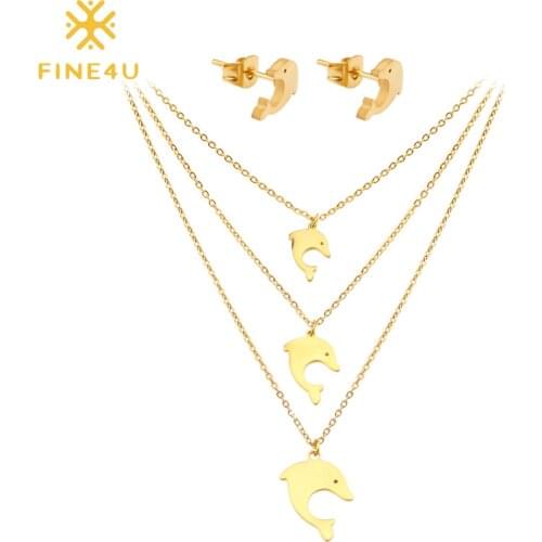 FINE4U N160 Multi-layer Dolphin Necklace Earrings Sets Stainless Steel Women Wedding Bridal Jewelry Set Trendy Summer Jewelry