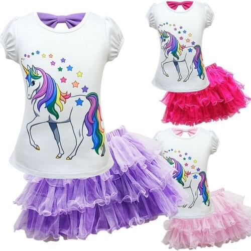 Girls Clothes Sets 2021 Summer Children Cartoon Unicorn T shirt And Skirt Suit Baby Princess Cute Tshirts Mesh Tutu Skirts Set