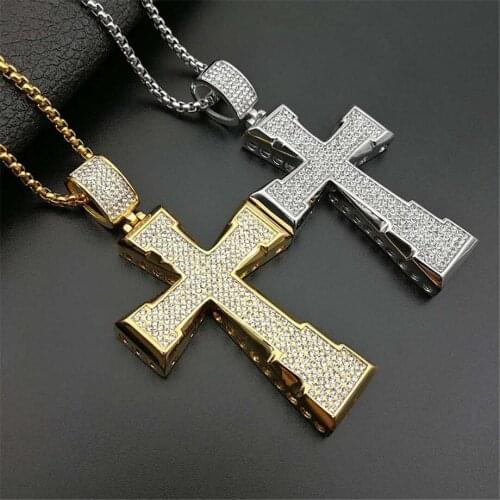 Big Cross Iced Out Bling Bling Rhinestone Pendant For Men Stainless Steel Crucfix Necklace Hip Hop Jewelry Fathers Day Gift
