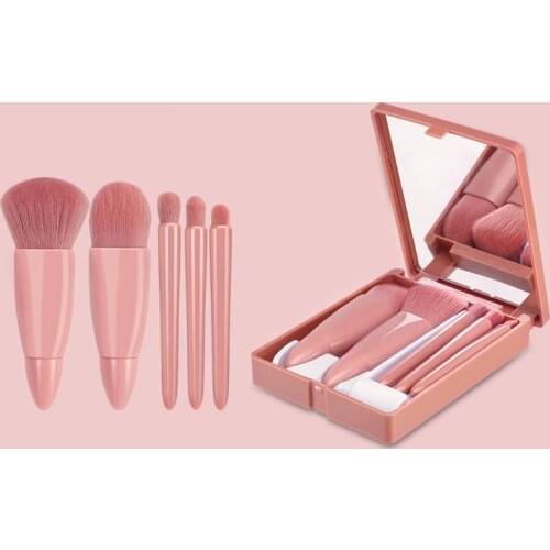 Makeup Brushes Set Portable 5Pcs Multi-Function Set With Mirror Soft Hair Loose Powder Brush Blush Foundation Eye Shadow Brush