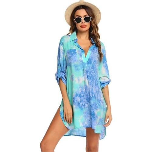 Summer Womens 2021 Sexy V- Neck Print Bikini Cover-ups T shirt Beach Dress Pluz Size Swim Suit Cover Up Bathing Suit Beachwear
