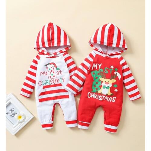 Citgeett Autumn Christmas Infant Baby Girls Boys Romper Letters and Stripe Printed Pattern Long Sleeve Hooded Jumpsuit Xmas Suit