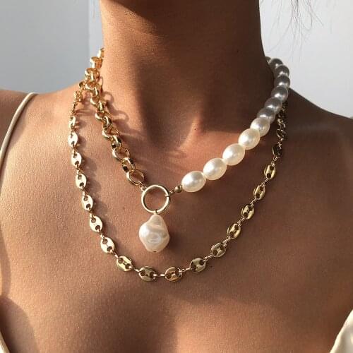 KMVEXO Kpop 2 Layers Baroque Irregular Pearl Necklaces Wedding Party Clavicle Chain Choker Necklace for Women Aesthetic Jewelry