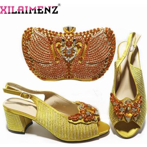 Yellow Color Decorate with Rhinestone Italian Women Shoes and Bag Set with Platform for Wedding Party