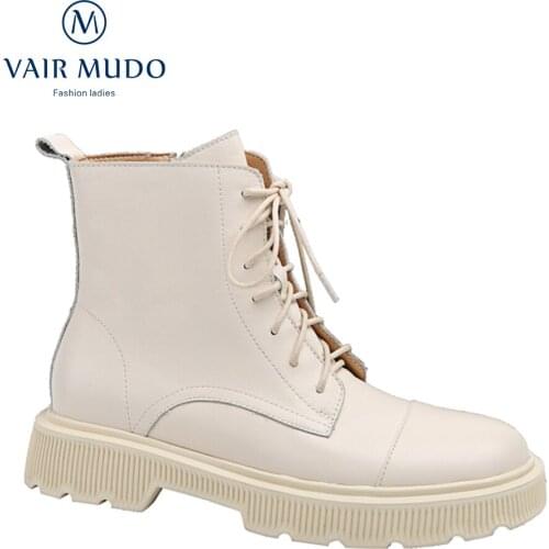 VAIR MUDO Women Spring Autumn Elegant Ankle Boots Round Toe Lace Up Black White Winter Genuine Leather Footwear Low HeelsWM-X42