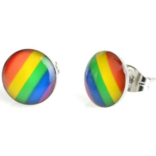 10mm Rainbow Stainless Steel LGBT Queer Lesbian Cabochon Stud Earrings Pride Charm Ear Studs for Men Women Jewelry Gift 18pairs