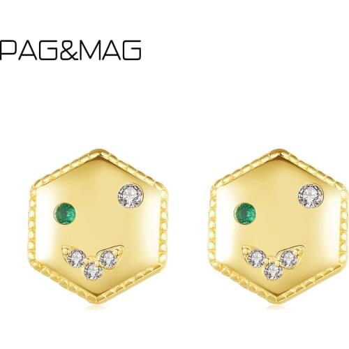 PAG&MAG 14K Gold Plated Simple Zircon Geometry Stud Earrings For Women 925 Sterling Silver Earrings Vintage Style Jewelry Gift