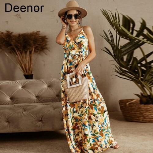 Deenor Printed Boho Maxi Dress Summer Sexy V-neck Suspender Floral Dress Bohemian Beach Dress 2021 Elegant Dress Holiday