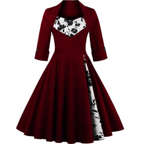 US Shipping Women Plus Size Autumn Dress Long Sleeves Vintage Red Dress Patchwork Dress Floral Retro Casual Party Swing Vestidos