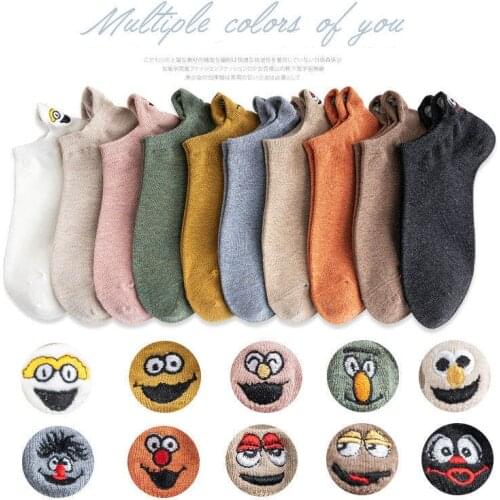 Ankle Socks Size 35-42 Funny Women Socks Fashion Happy Cotton Embroidered Expression Ladies Cartoon Candy Color Short Sock 1pair