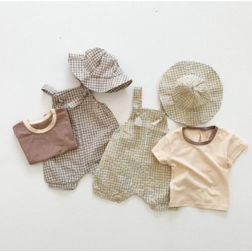 2021 New boys girls 3 pcs set t shirt+romper+hat cotton linen summer soft fashion babys suits
