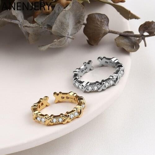 ANENJERY 925 Sterling Silver Cross Shape Inlaid Zircon Ring for Women Elegance Simplicity Open Ring Jewelry Gift S-R1025
