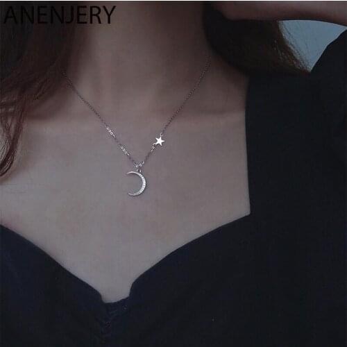 ANENJERY Trendy Elegant Moon Star Necklace For Women Bride Jewelry Clavicle Chain Birthday Gift S-N679