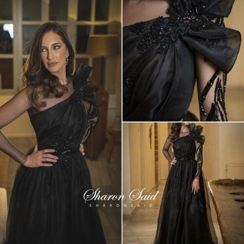 Saudi Arabia Black Evening Dress Long Sleeve Luxury Dubai Wedding Party Gowns Elegant Women Formal Prom Dresses 2021 Sharon Said