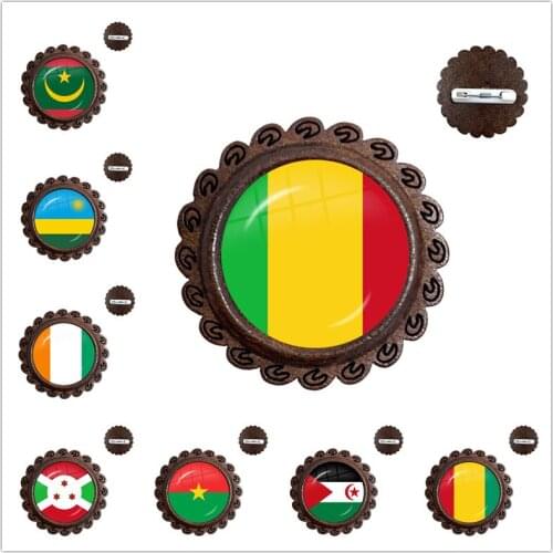 Mauritania,Mali,Rwanda,Coate d'Ivoire,Burundi,Burkina Faso National Flag Wood Glass Cabochon Brooches Pins Bag Accessories Gift