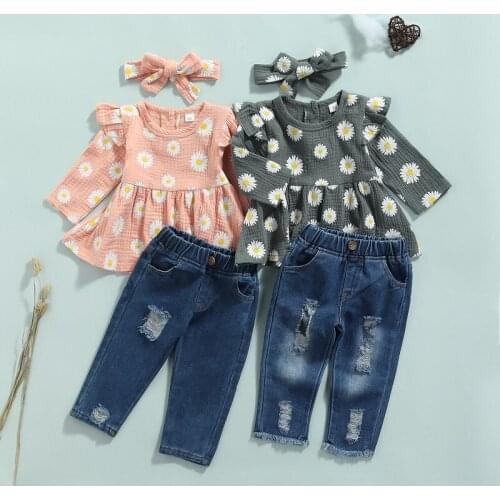 1-5Y Toddler Kids Baby Girl Long Sleeve Daisy Flower T-shirt Tops Ripped Jeans Denim Pant Headband 3PCS Girls Clothing Set