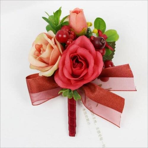 DIY 6 colors artificial rose corsage Groom Boutonniere brooch women corsage flower bridal hand Flowers Wedding party flower
