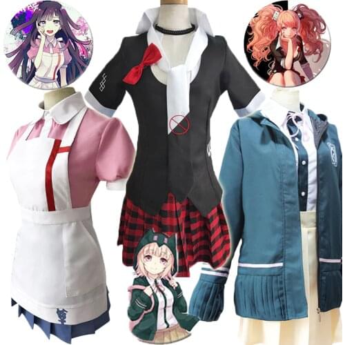 Dangan Ronpa Enoshima Junko Costume Long Wig with Bear Hairpins Full Sets Chiaki Nanami Danganronpa Cosplay Skirt Shirt C80A97