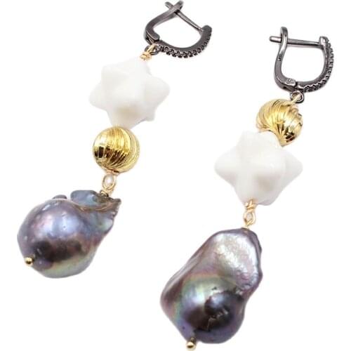 GG Jewelry Natural Black Baroque Pearl White Ceramic Whiteware Dangle Hook Earrings Handmade For Women