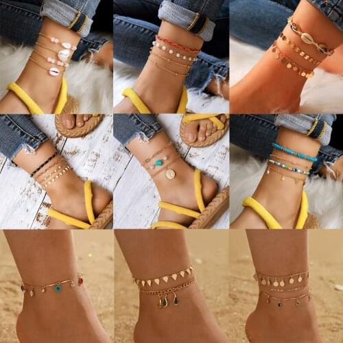 HuaTang Boho Crystal Shell Pendant Anklet Set for Women Multilayer White Pearl Elastic Woven Rope Foot Chains Lady Beach Jewelry