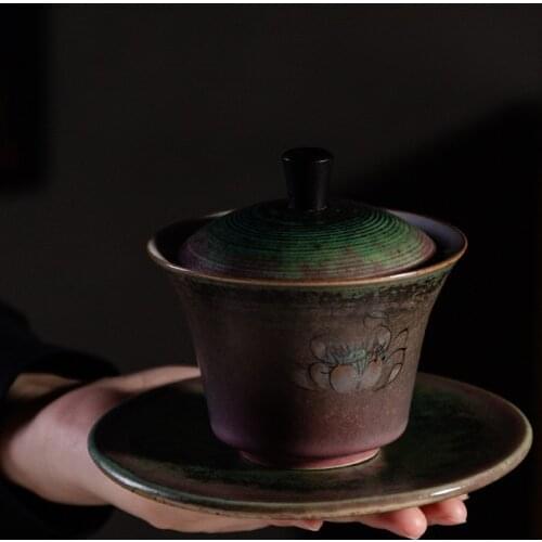 Stoneware Tureen Gilded Metal Glaze Tureen Kung Fu Tea Items Tea Tea Bowl Sancai Sopera De Ceramica GaiwanCoarse Pottery Tea Set