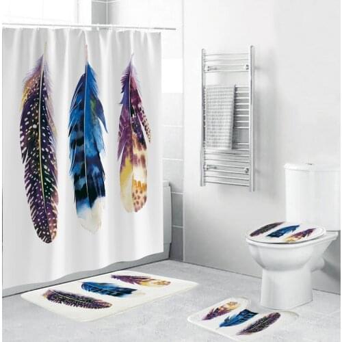 Creative Bathroom Shower Curtain Colorful Feather Printed Durable Waterproof Bath Curtain Sets Toilet Cover Mat Non-Slip Rug Set